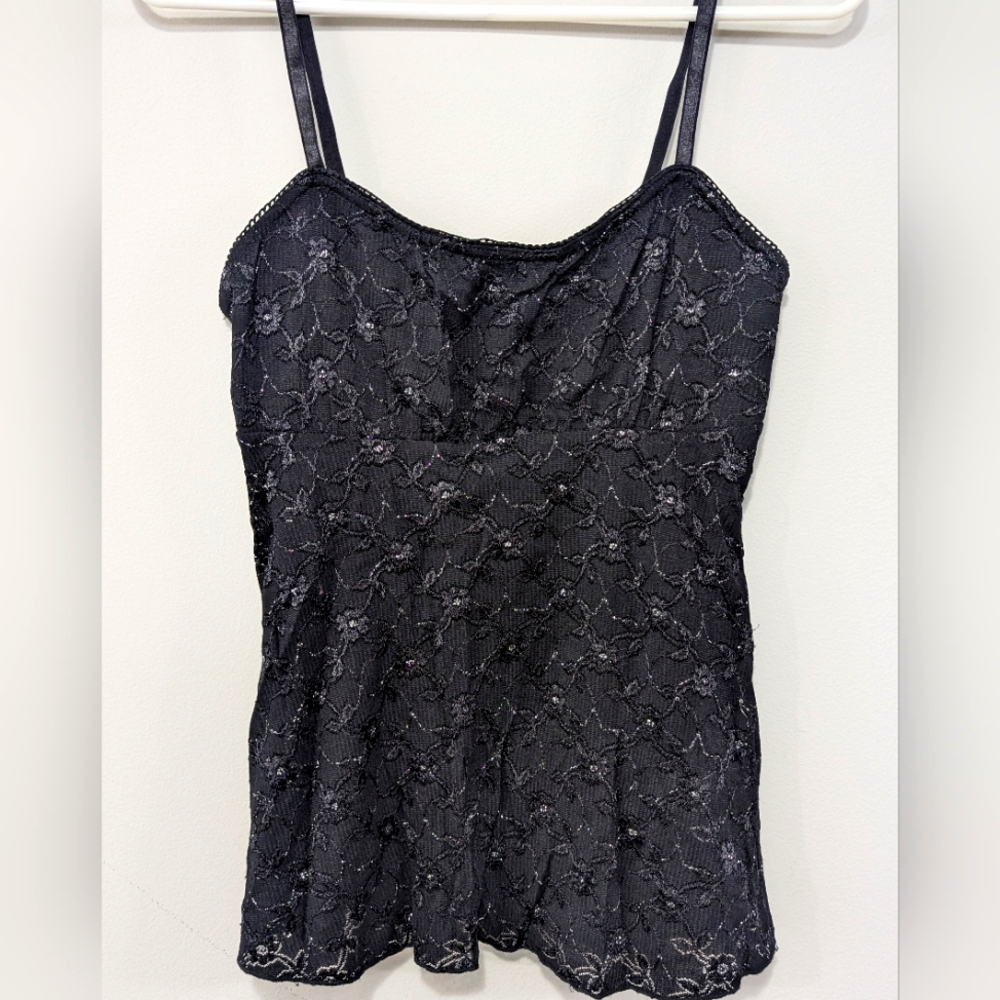 Y2K Vintage Goth Black Lace Milkmaid Cami Sheer Cropped Tank Women's Medium